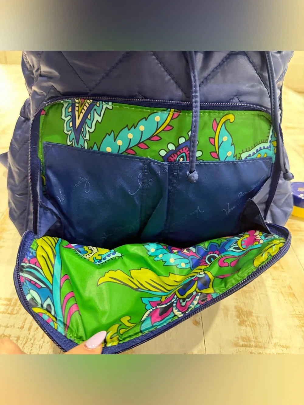 Vera Bradley Backpack Puffy Drawsteing Quilted Chevron Navy Blue Backpack